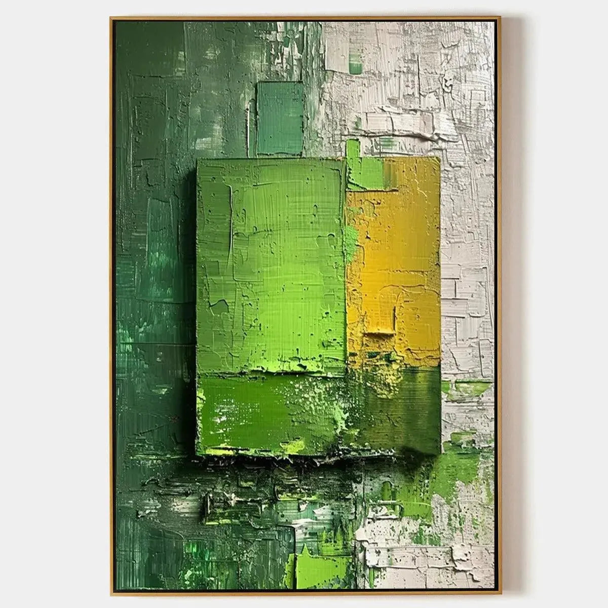 GREEN AND YELLOW TEXTURED BLOCKS: Impasto Abstract Painting, Vertical Wall Art