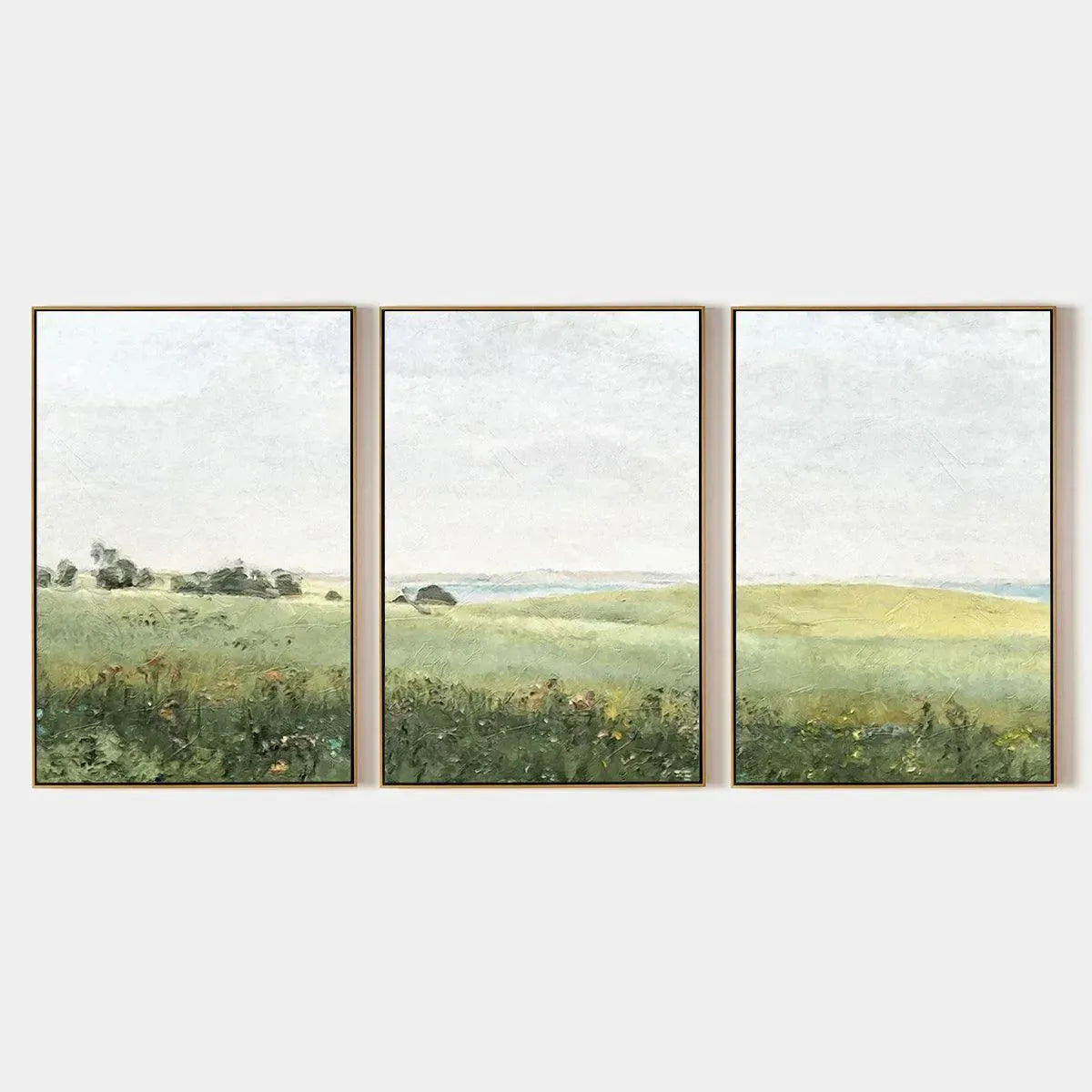 GREEN FIELD TRIPTYCH: Minimalist Landscape Painting Set of 3