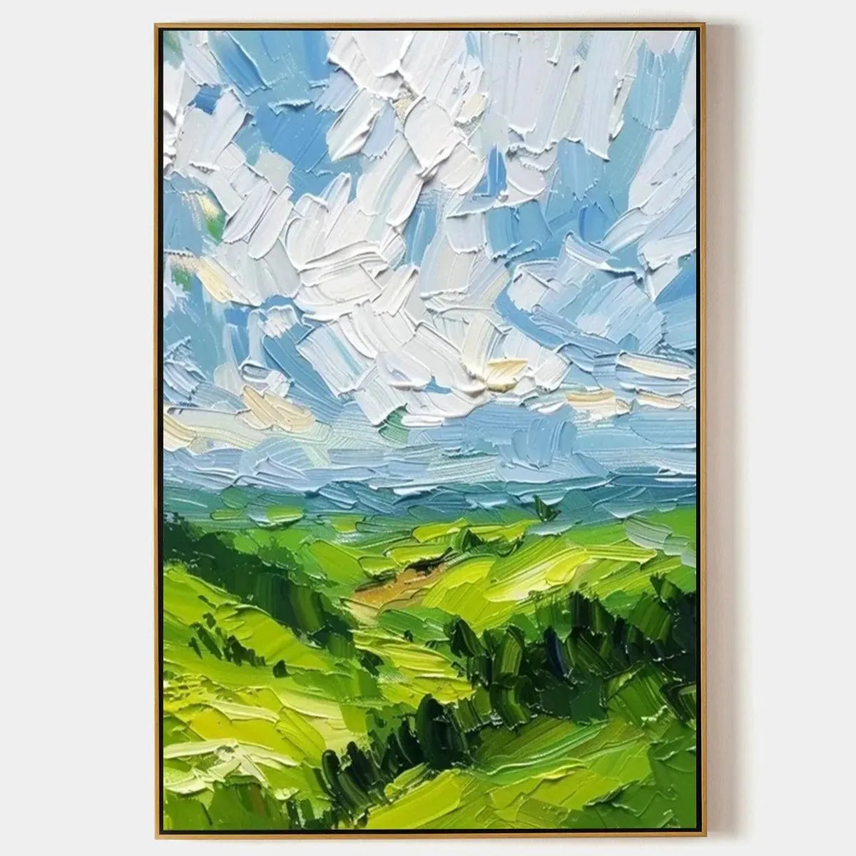 GREEN VALLEY VISTA: Textured Landscape Painting, Impasto Wall Art, Vertical Canvas, Nature Decor