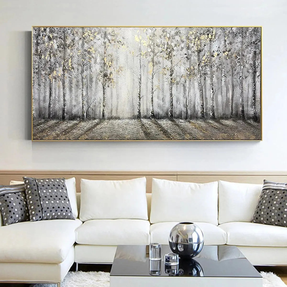 GOLDEN BIRCHWOOD: Panoramic Birch Forest Landscape Oil Painting with Gold Accents