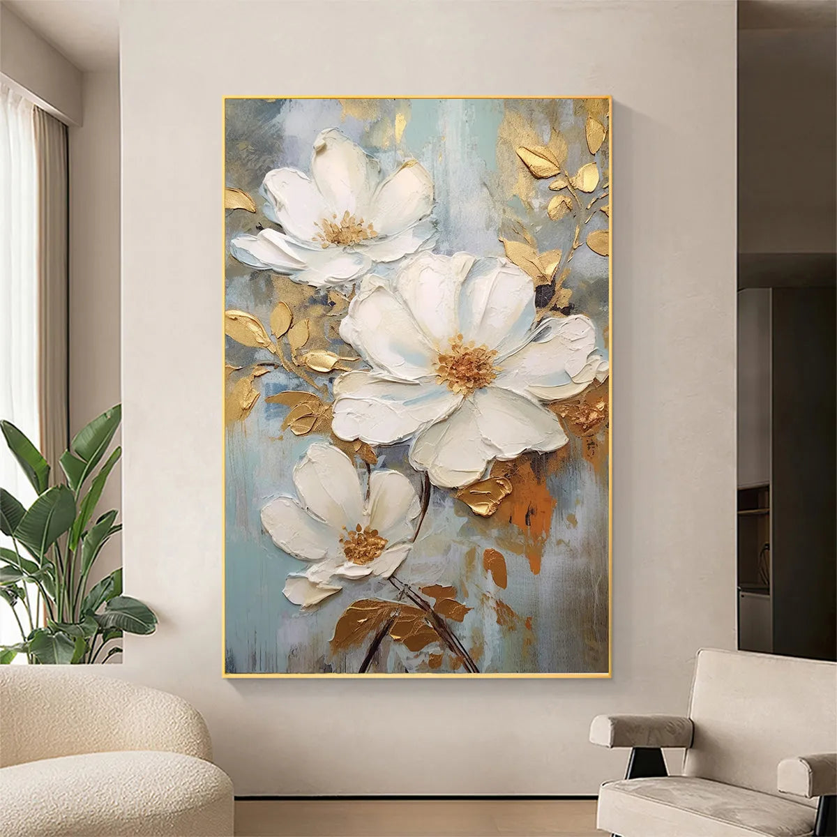GOLDEN BLOSSOMS: Vertical Textured Floral Painting, Impasto White Flowers, Gold Accents, Living Room, Bedroom