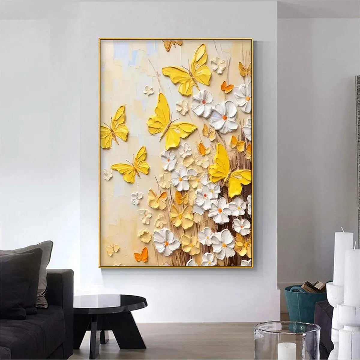 GOLDEN BUTTERFLIES: Textured Butterfly and Floral Painting, Yellow and White Wall Art, Vertical Canvas, Impasto Decor