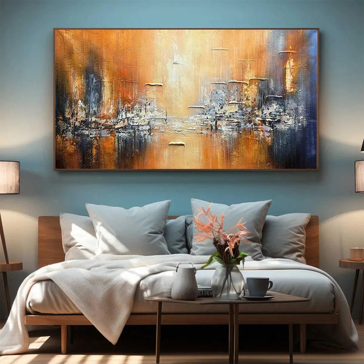 GOLDEN CITY: Textured Abstract Cityscape Painting in Orange and Blue