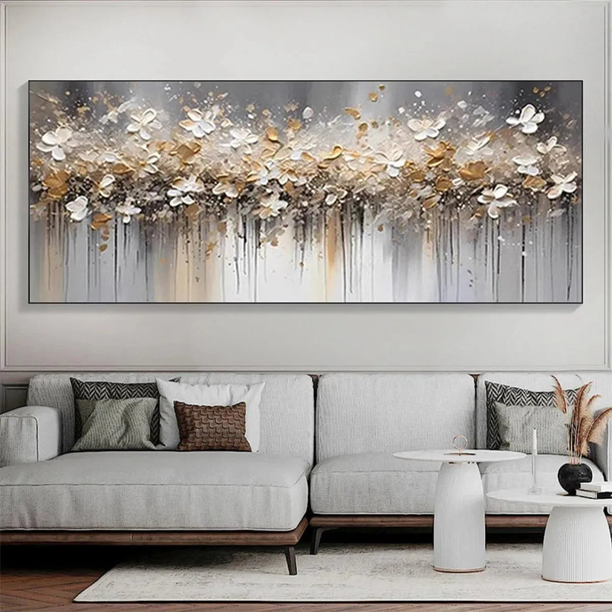 GOLDEN DRIFT: White and Gold Floral Abstract Painting for Living Room