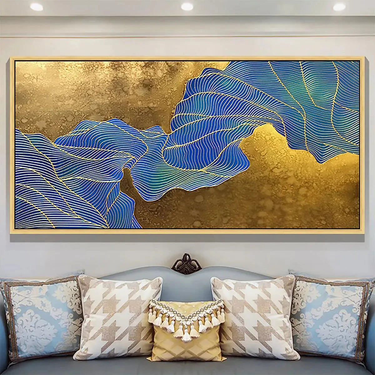 GOLDEN FLOW: Abstract Blue and Gold Oil Painting