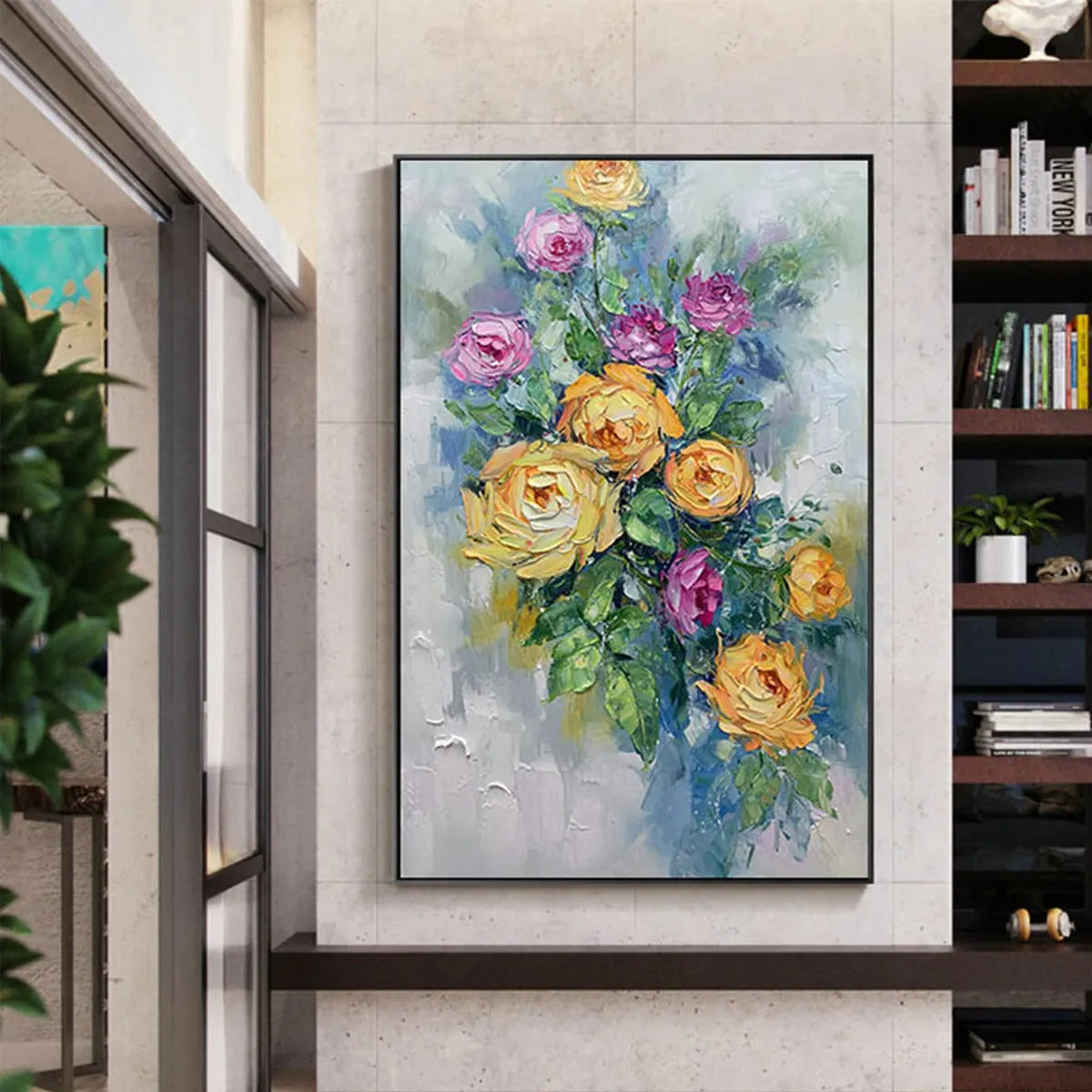 GOLDEN HOUR ROSES: Vertical Textured Floral Oil Painting on Canvas