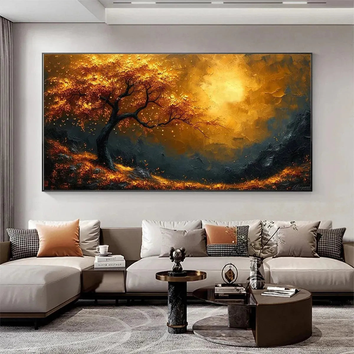 GOLDEN HOUR: Textured Tree Painting, Impasto Wall Art, Panoramic Canvas, Landscape Decor