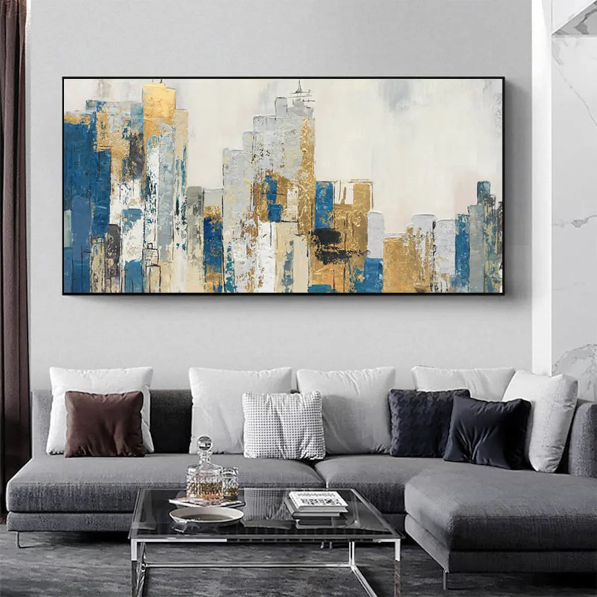 GOLDEN METROPOLIS: Abstract Cityscape Oil Painting in Gold and Blue