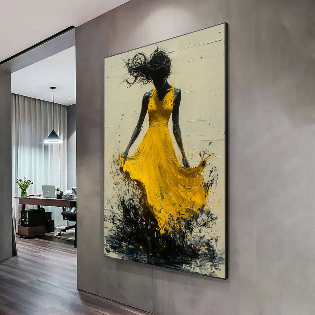 GOLDEN WHIRL: Textured Impasto Figurative Oil Painting of Woman in Yellow Dress