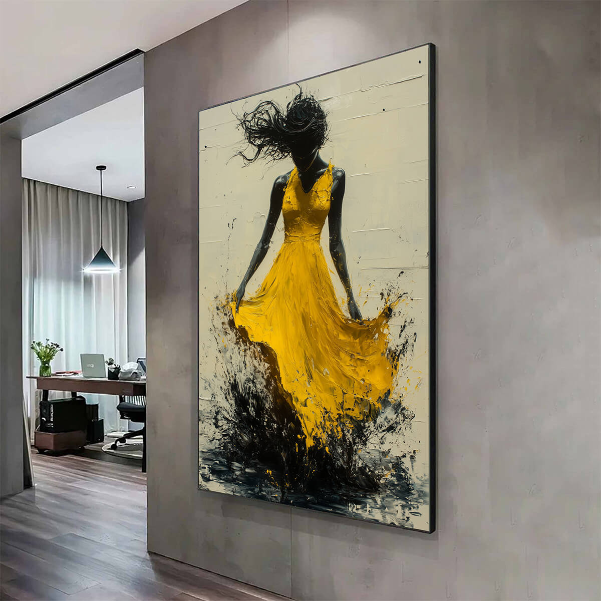 GOLDEN WHIRL: Textured Impasto Figurative Oil Painting of Woman in Yellow Dress