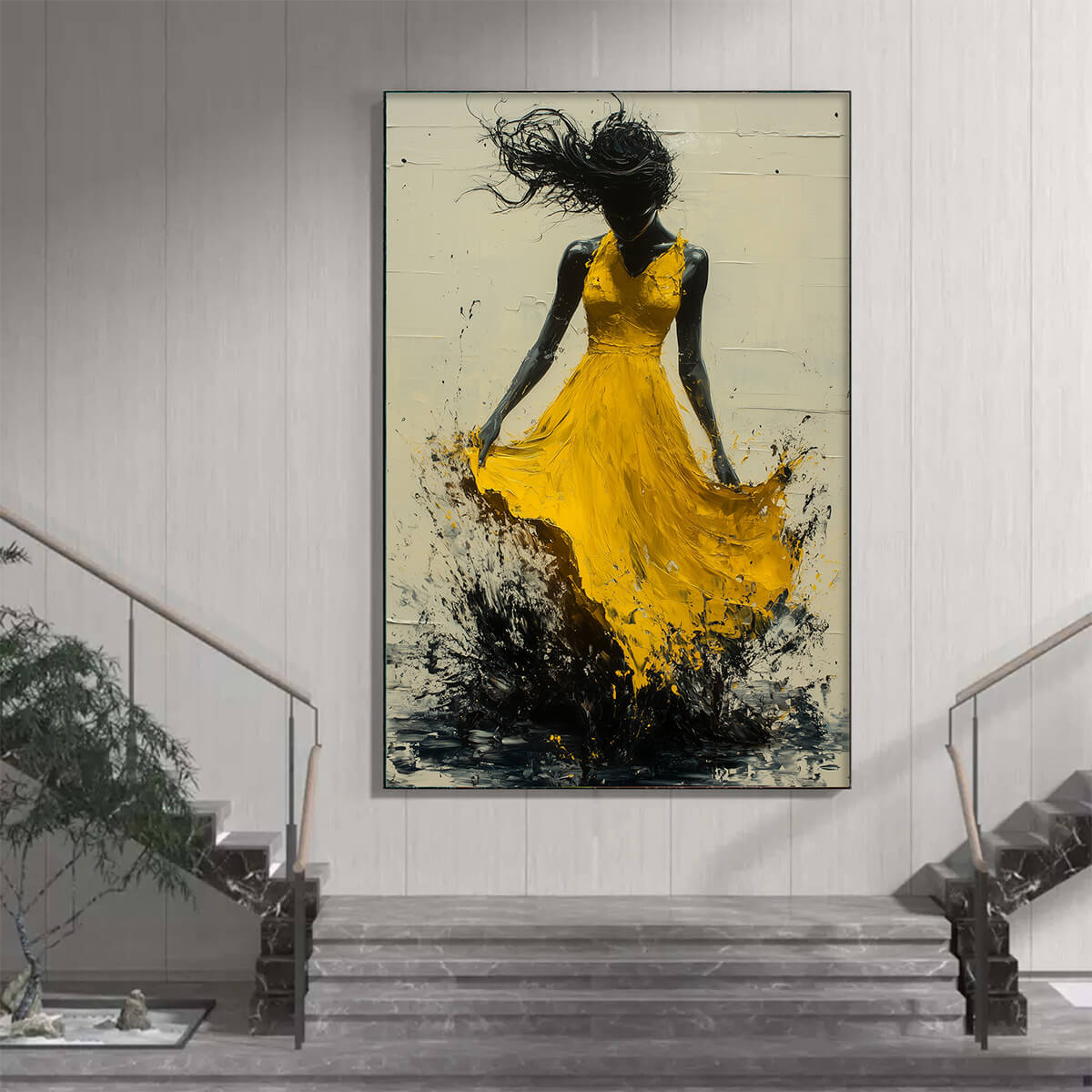 GOLDEN WHIRL: Textured Impasto Figurative Oil Painting of Woman in Yellow Dress