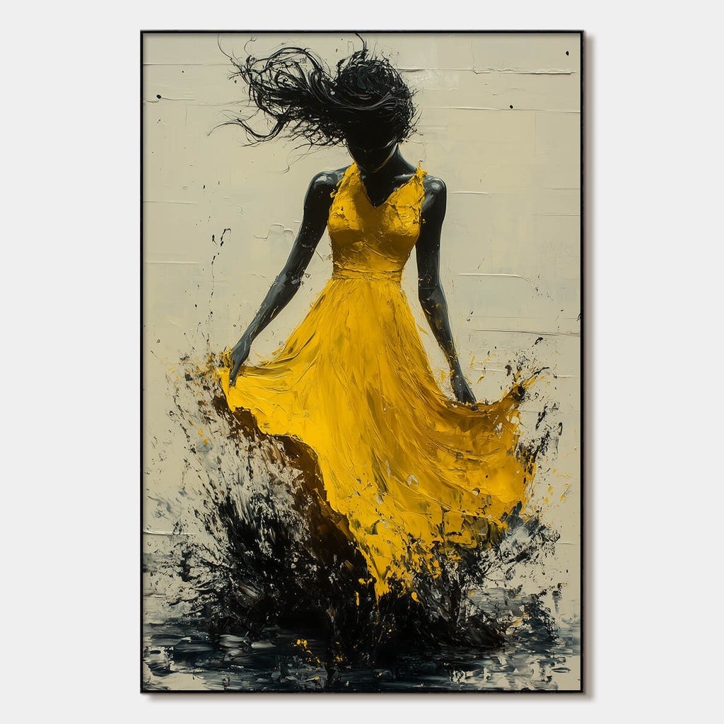 GOLDEN WHIRL: Textured Impasto Figurative Oil Painting of Woman in Yellow Dress