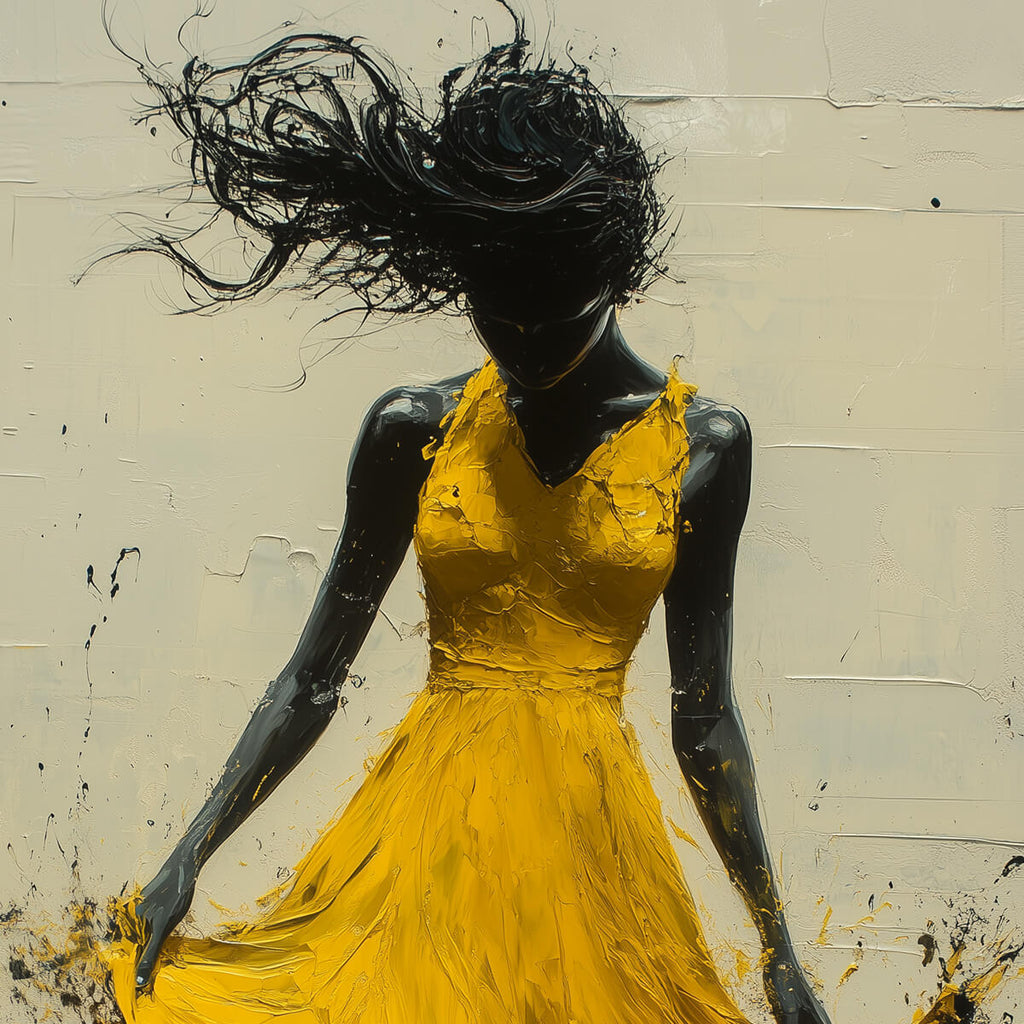 GOLDEN WHIRL: Textured Impasto Figurative Oil Painting of Woman in Yellow Dress