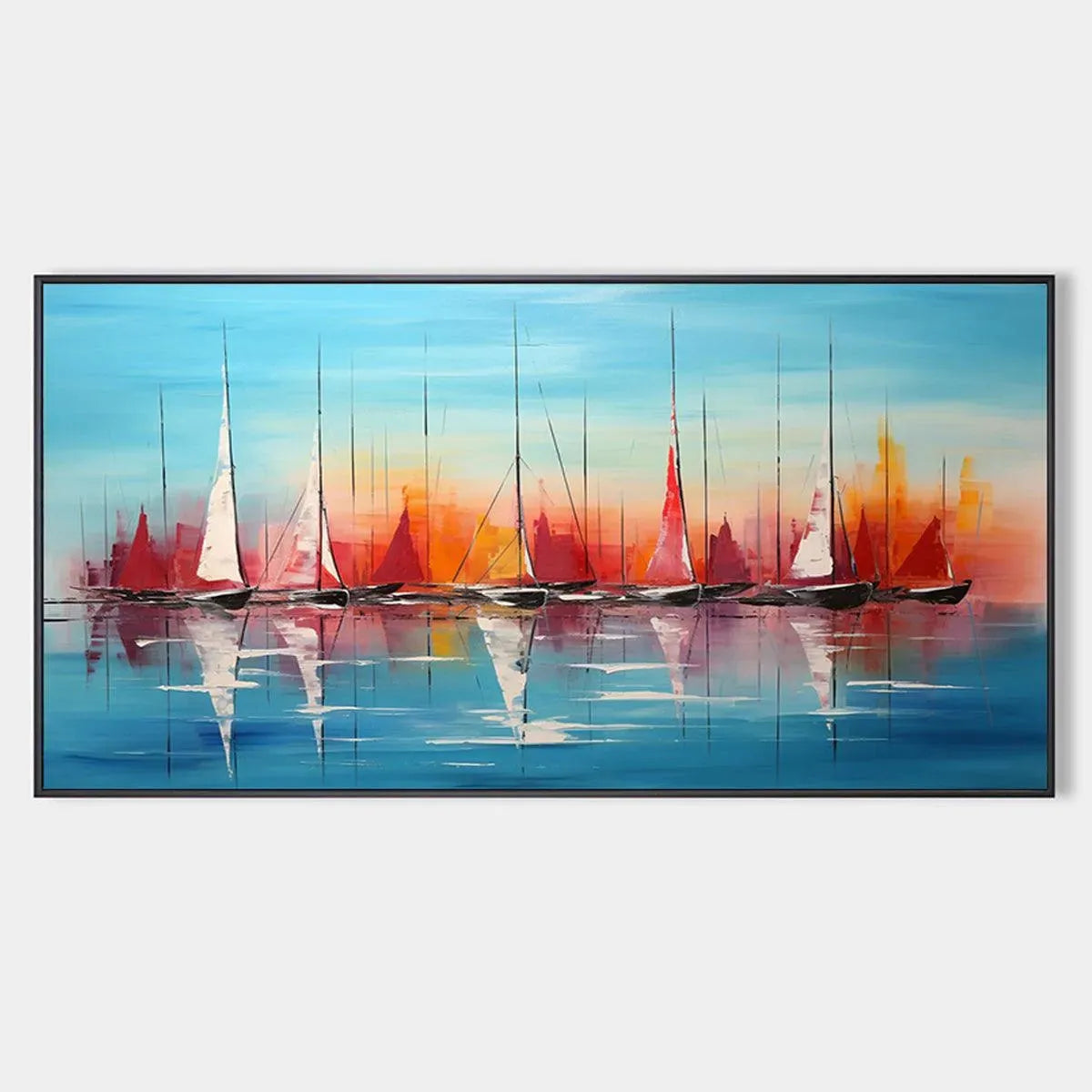 HARBOR SUNSET: Panoramic Sailboat Painting, Colorful Sunset