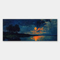 HARVEST MOON OVER THE LAKE PANORAMIC: Landscape Painting, Panoramic Wall Art, Moonlit Lake Decor