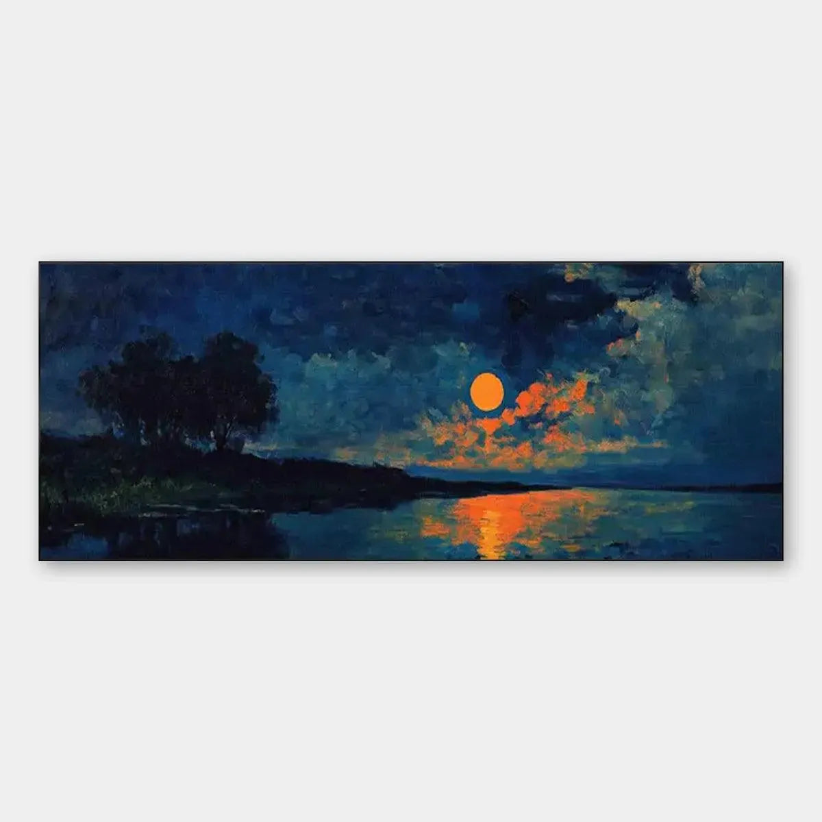 HARVEST MOON OVER THE LAKE PANORAMIC: Landscape Painting, Panoramic Wall Art, Moonlit Lake Decor