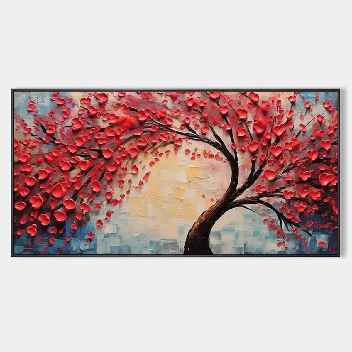 HEART TREE: Textured Impasto Red Tree Painting with Heart-Shaped Leaves