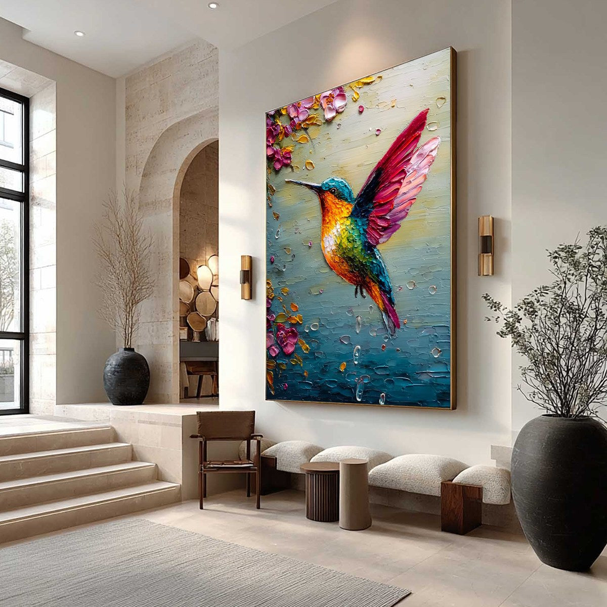 HUMMINGBIRD RADIANCE: Impasto Colorful Wildlife Oil Painting