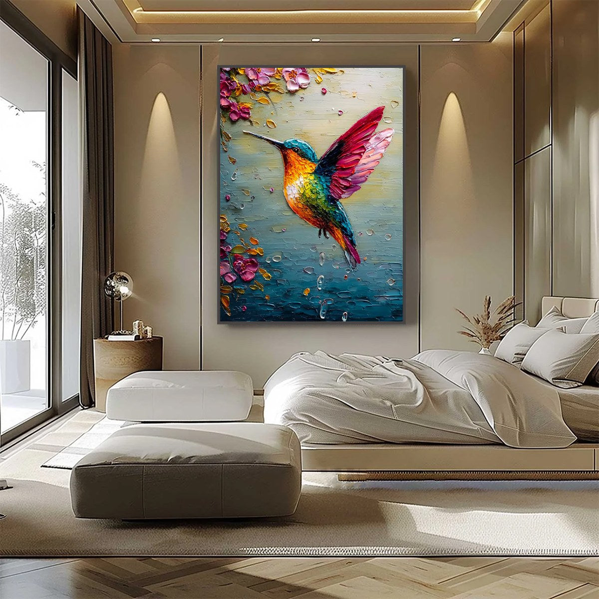 HUMMINGBIRD RADIANCE: Impasto Colorful Wildlife Oil Painting