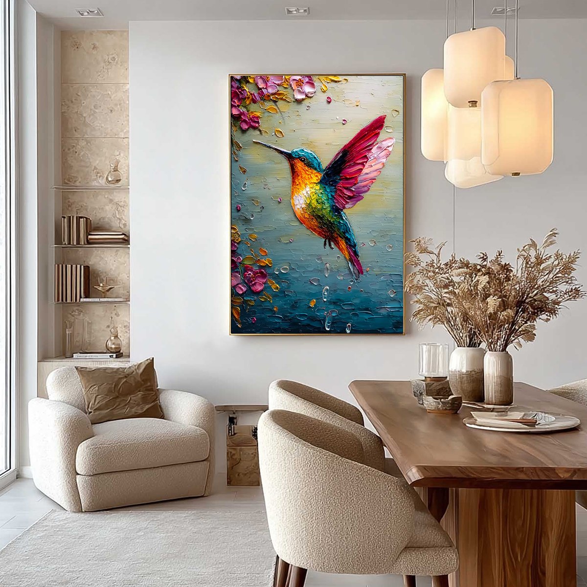 HUMMINGBIRD RADIANCE: Impasto Colorful Wildlife Oil Painting