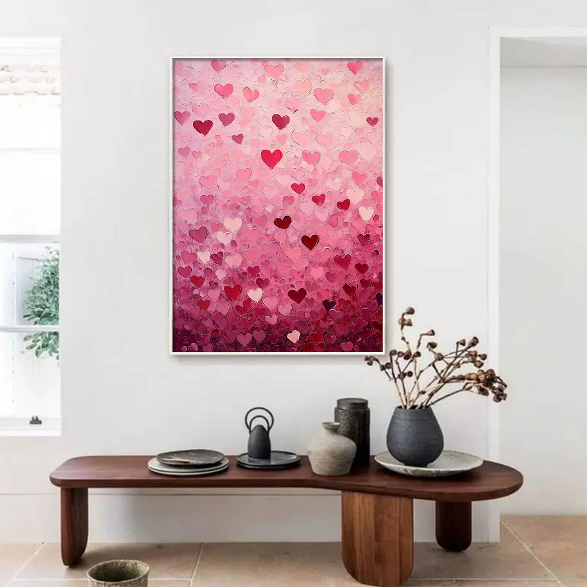 HEART RAIN: Textured Impasto Abstract Oil Painting in Pink and Red