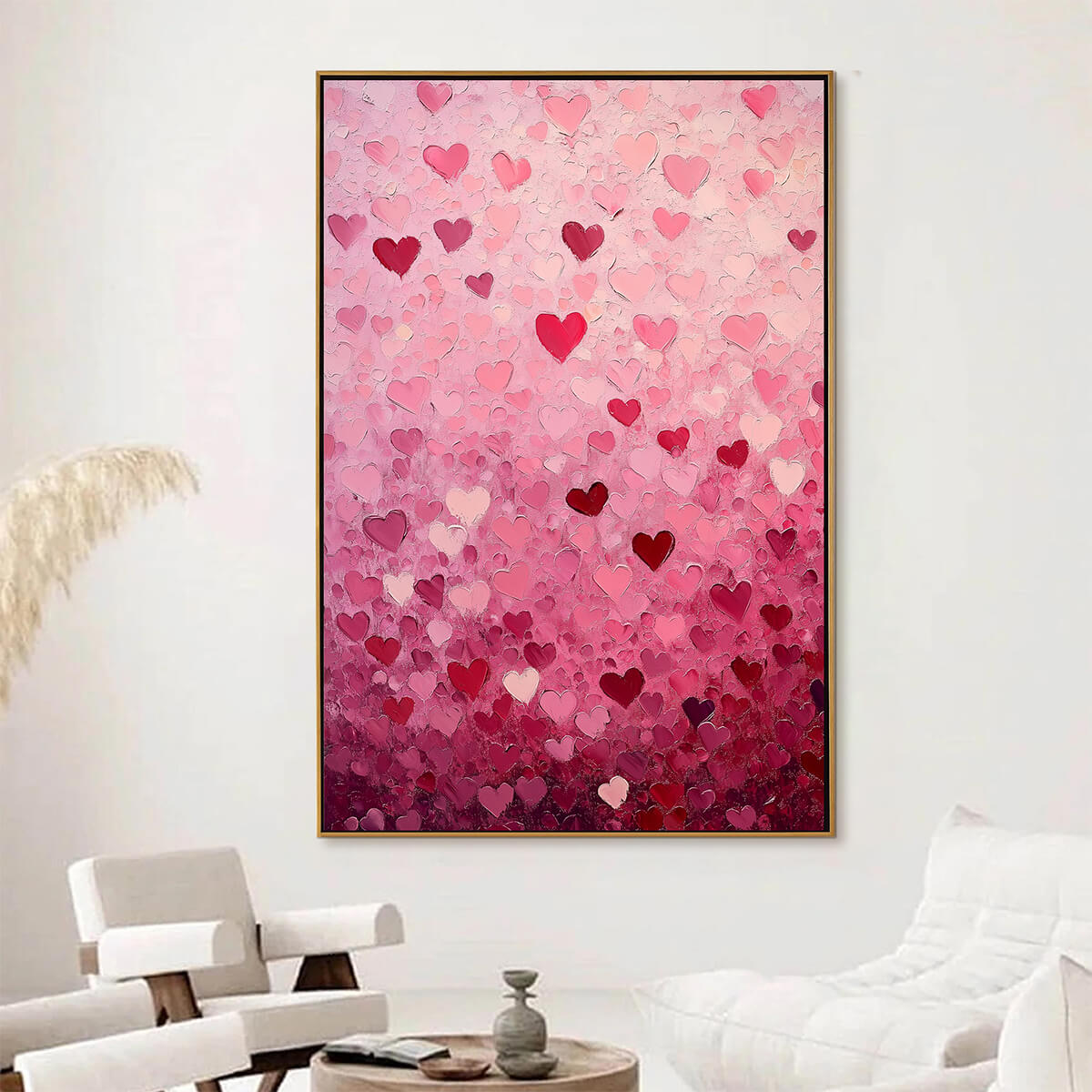 HEART RAIN: Textured Impasto Abstract Oil Painting in Pink and Red