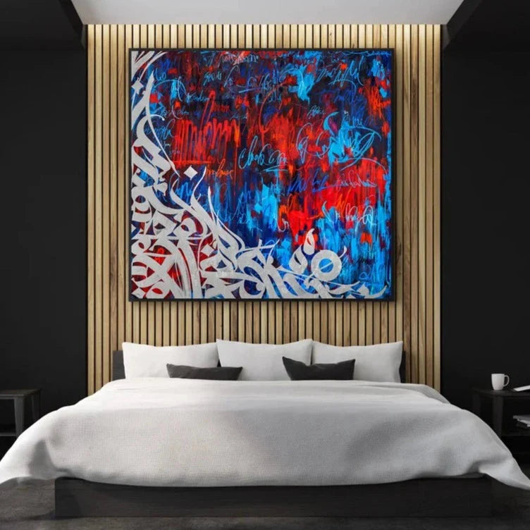 Neon Blue/White/Red Calligraphy Graffiti Painting