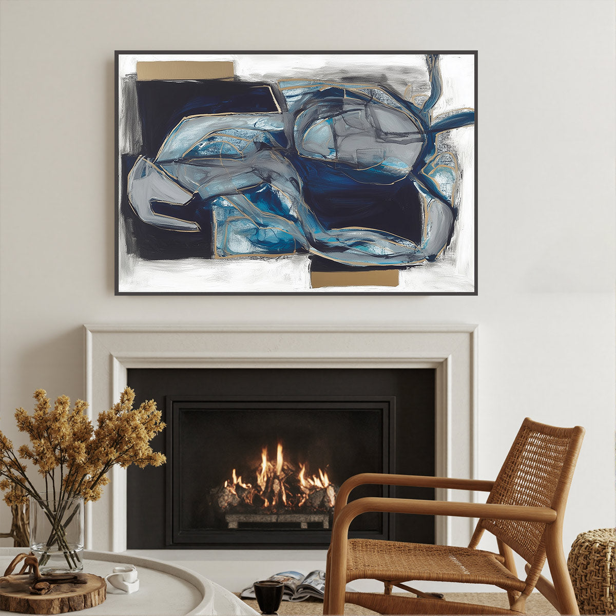 INDIGO DREAMSCAPE: Abstract Blue and Gold Oil Painting