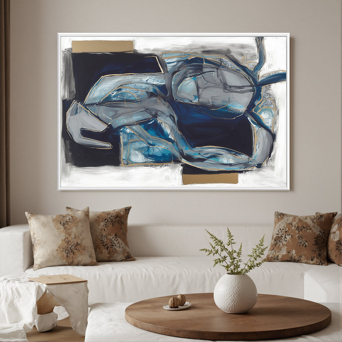 INDIGO DREAMSCAPE: Abstract Blue and Gold Oil Painting