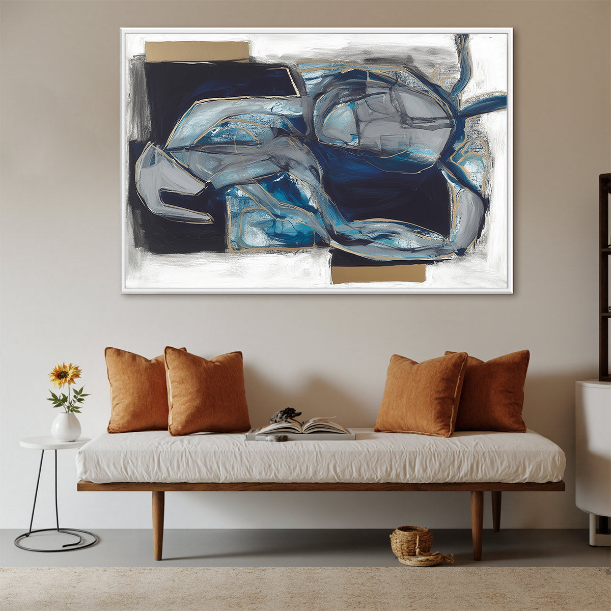 INDIGO DREAMSCAPE: Abstract Blue and Gold Oil Painting