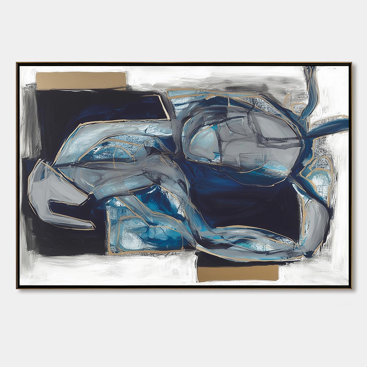 INDIGO DREAMSCAPE: Abstract Blue and Gold Oil Painting