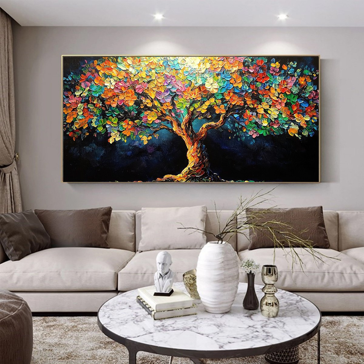 RAINBOW BLOOM: Impasto Palette Knife Floral Tree Painting