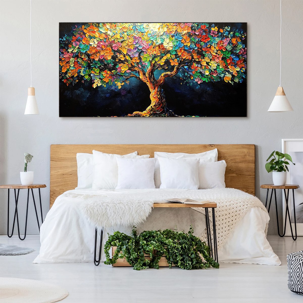 RAINBOW BLOOM: Impasto Palette Knife Floral Tree Painting