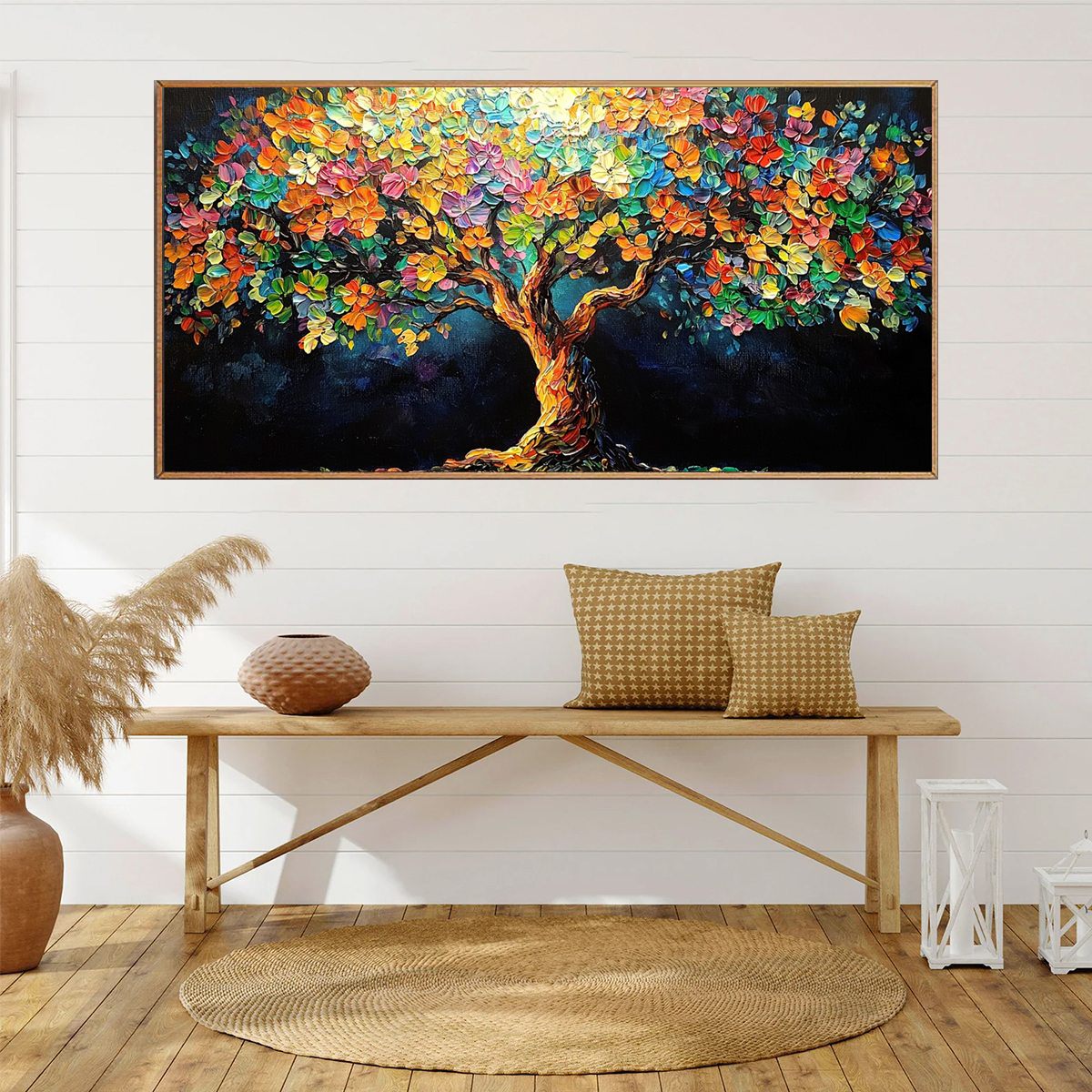 RAINBOW BLOOM: Impasto Palette Knife Floral Tree Painting