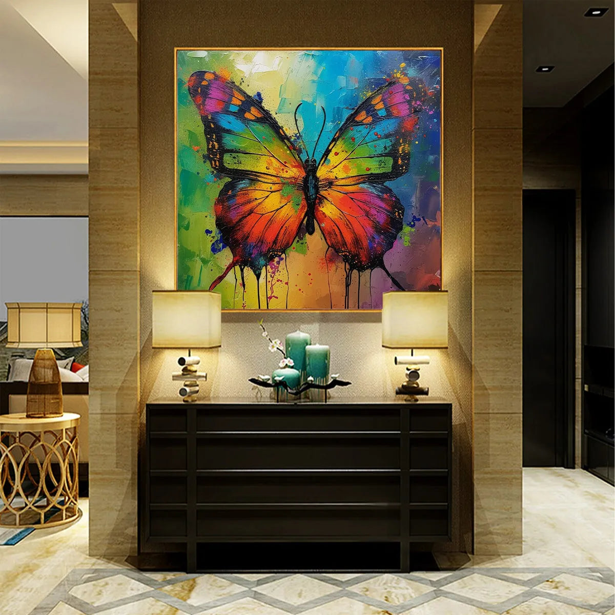 IRIDESCENT WINGS: Square Colorful Butterfly Oil Painting on Canvas