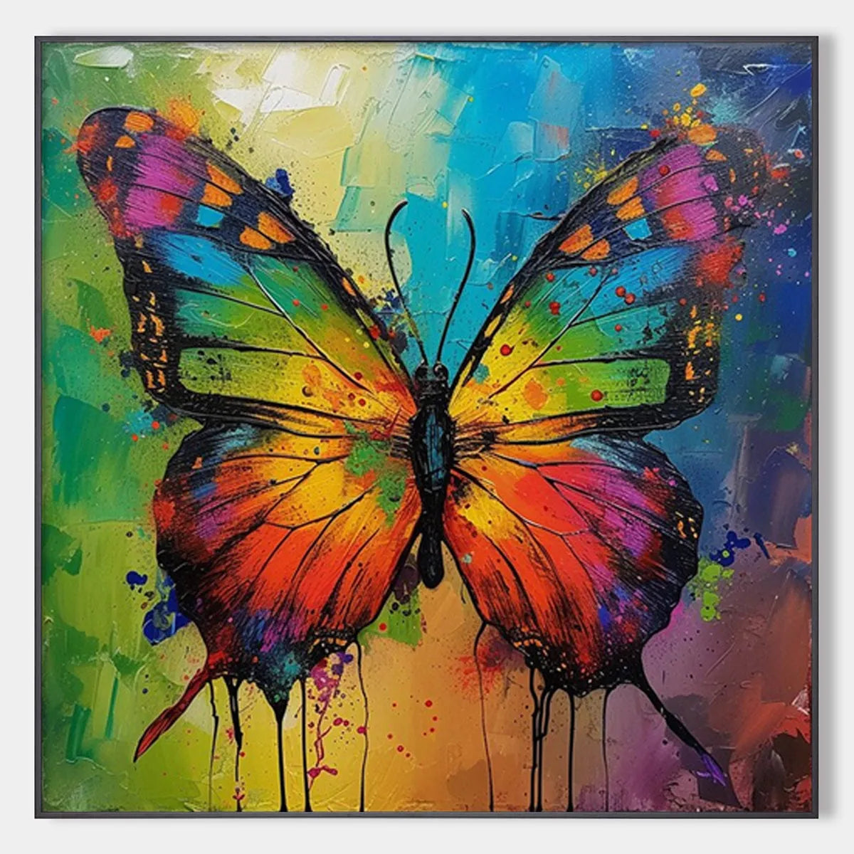 IRIDESCENT WINGS: Square Colorful Butterfly Oil Painting on Canvas