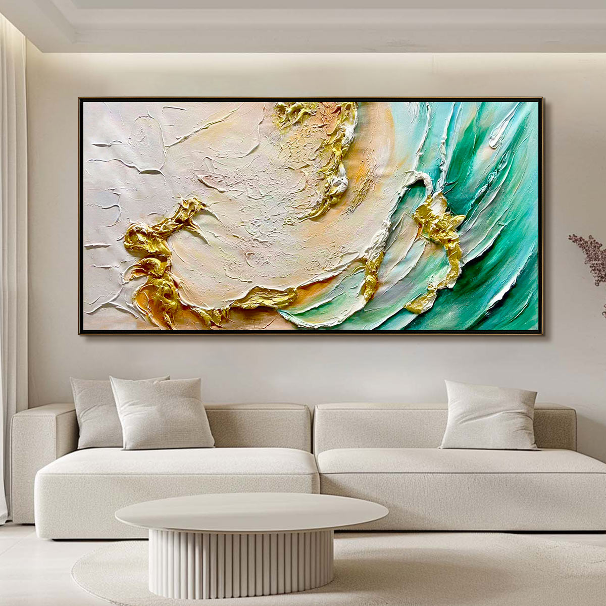 Ready to Ship | Jade Aurora: Abstract Gold-Green Impasto Oil Painting