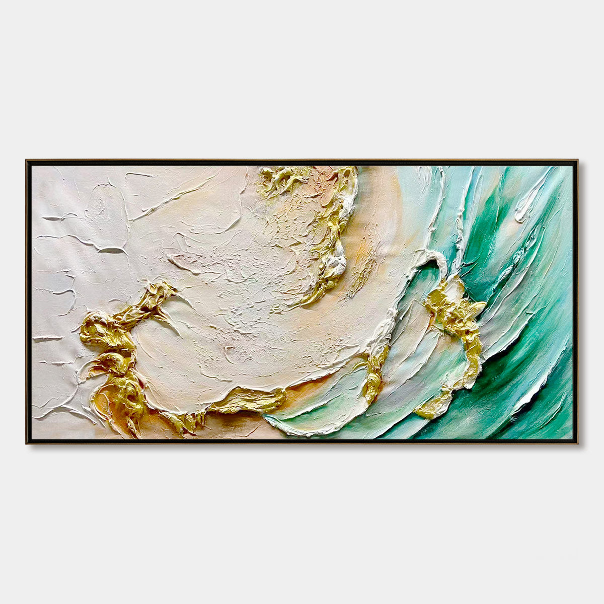 Ready to Ship | Jade Aurora: Abstract Gold-Green Impasto Oil Painting