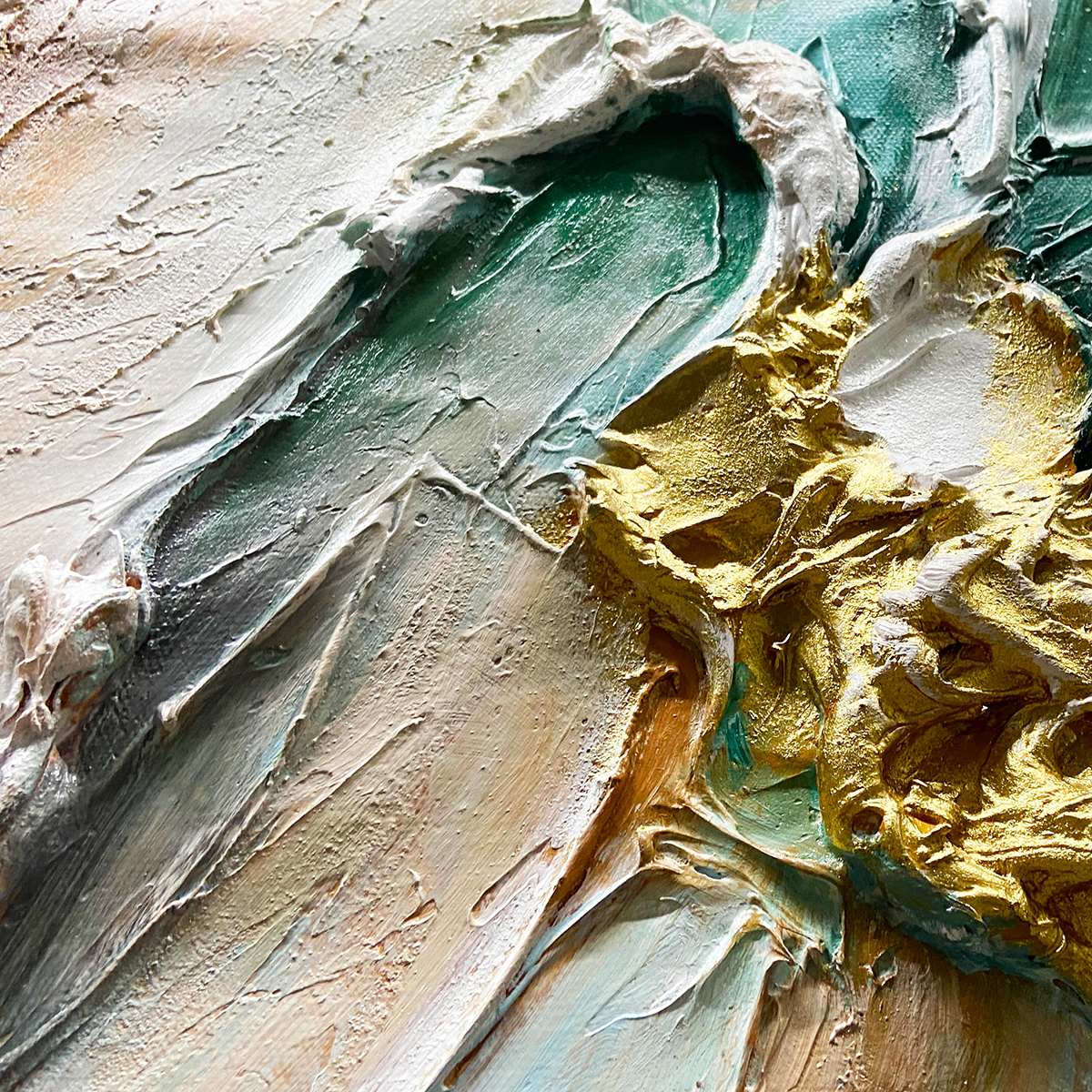 Ready to Ship | Jade Aurora: Abstract Gold-Green Impasto Oil Painting