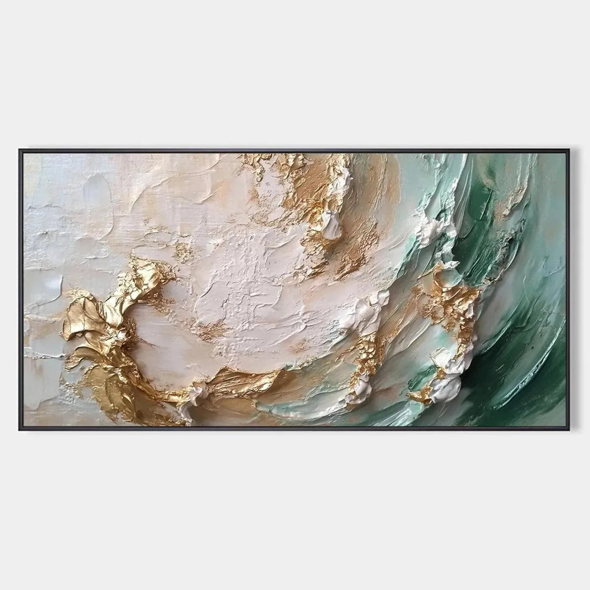 JADE AURORA: Green and Gold Abstract Impasto Oil Painting