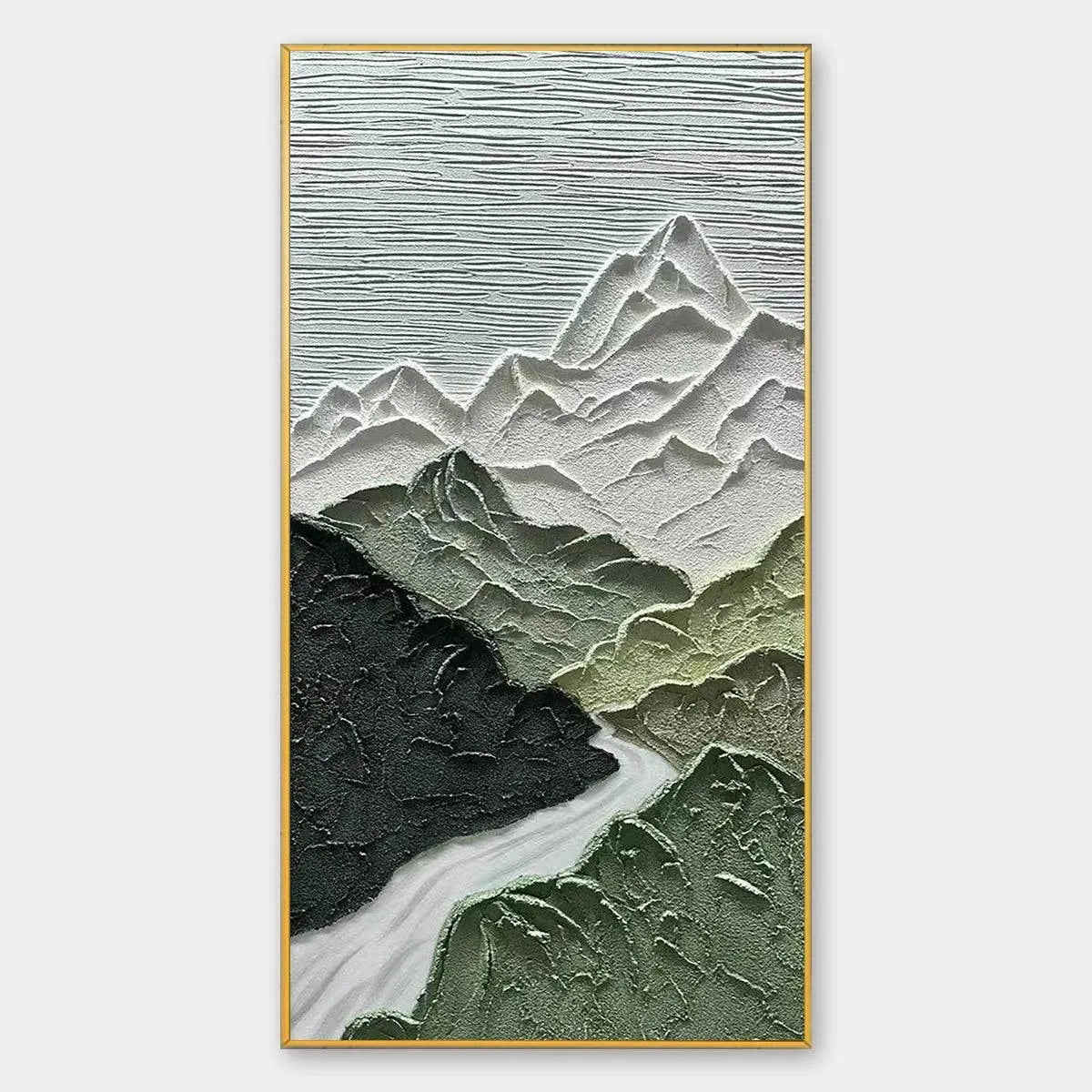 JADE PEAK: Textured Green and White Mountain Landscape Painting