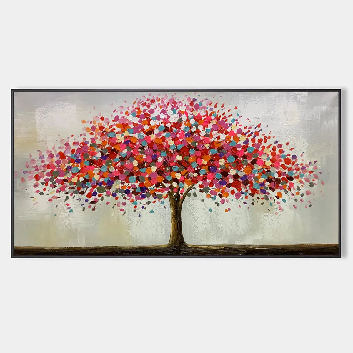 JEWEL TREE: Colorful Abstract Tree Painting, Impasto Texture, Horizontal Canvas, Modern Wall Art