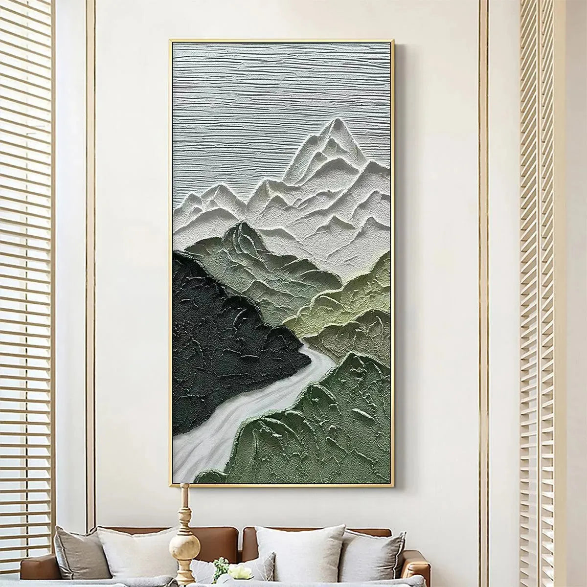 JADE PEAK: Textured Green and White Mountain Landscape Painting