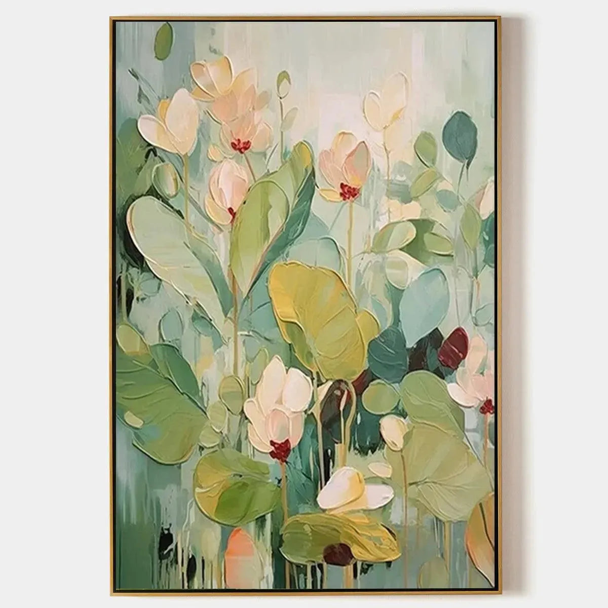 LUSH GARDEN: Textured Floral Painting, Green and White Wall Art, Vertical Canvas, Impressionist Decor