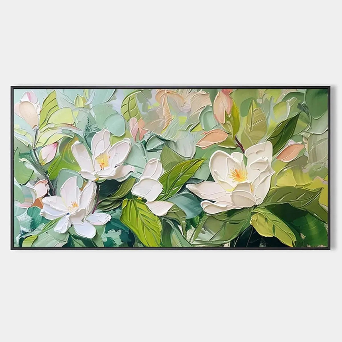 MAGNOLIA BLOSSOMS: Textured Floral Painting, Impasto Wall Art, Horizontal Canvas, Magnolia Decor
