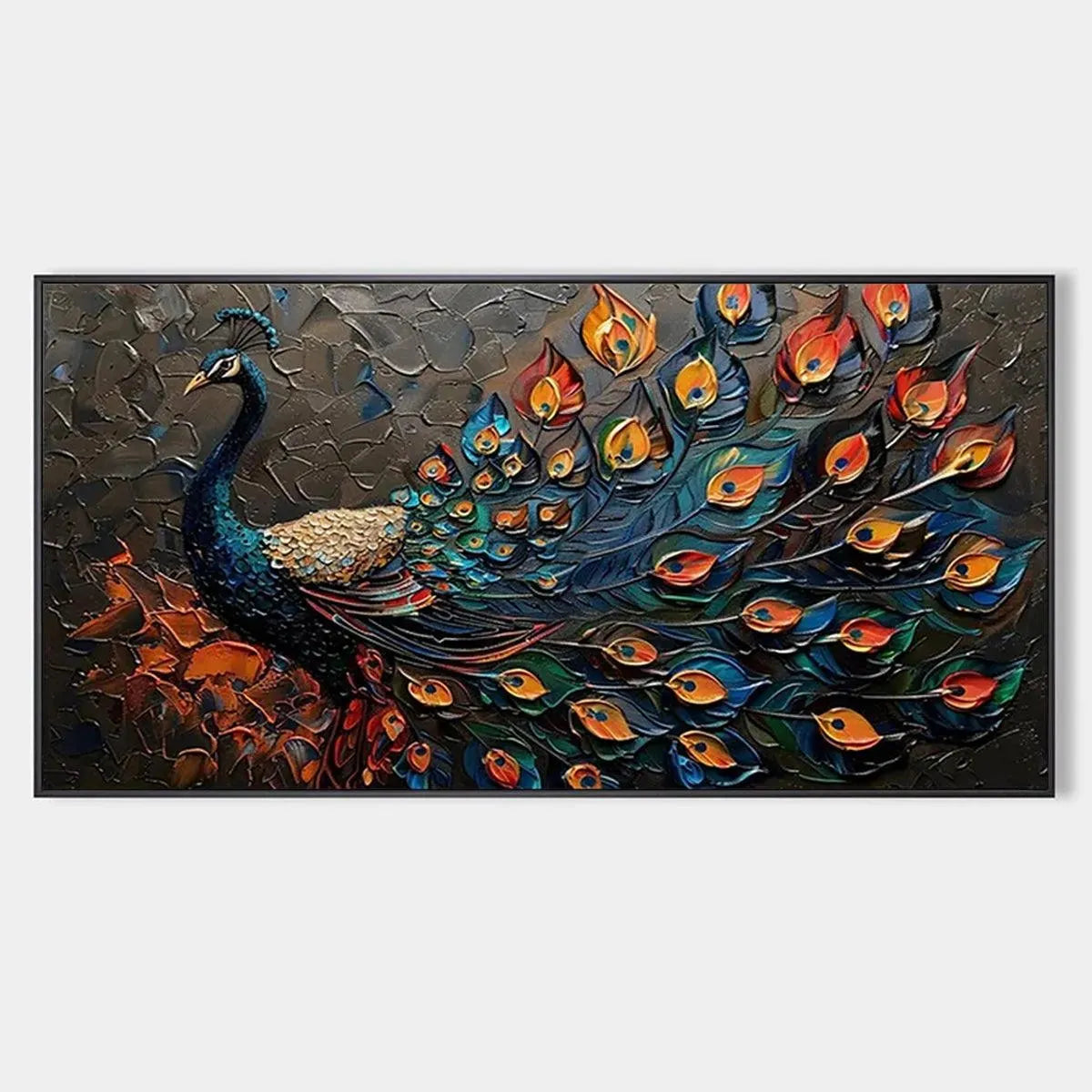 MAJESTIC PLUMAGE: Textured Peacock Painting, Impasto Wall Art, Horizontal Canvas, Animal Decor