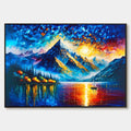 MAJESTIC SUNRISE: Mountain Landscape Oil Painting with Lake and Sailboat