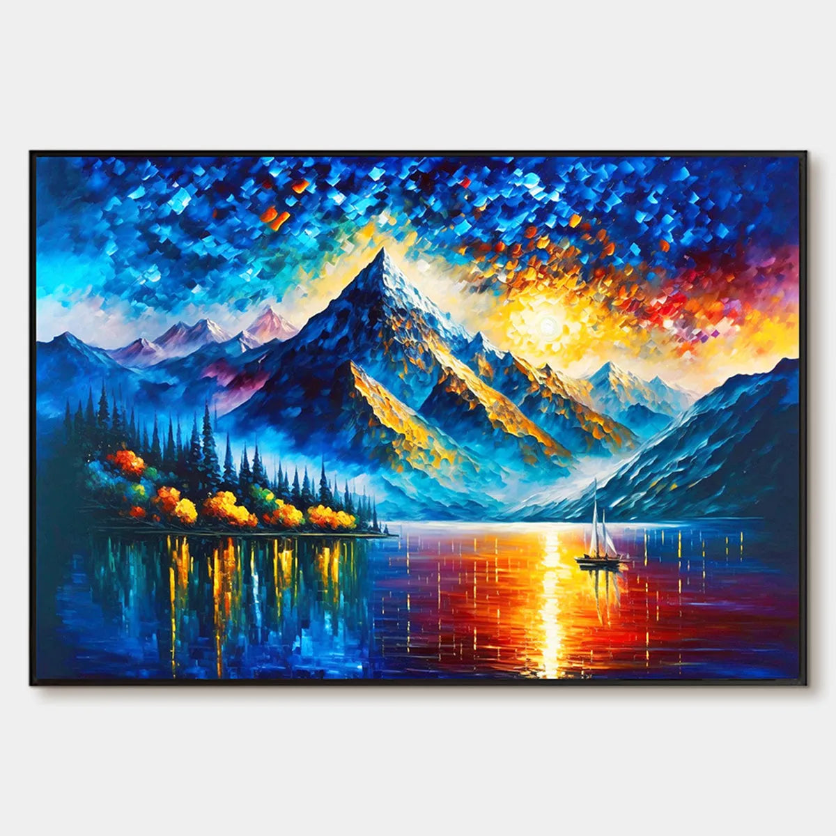 MAJESTIC SUNRISE: Mountain Landscape Oil Painting with Lake and Sailboat