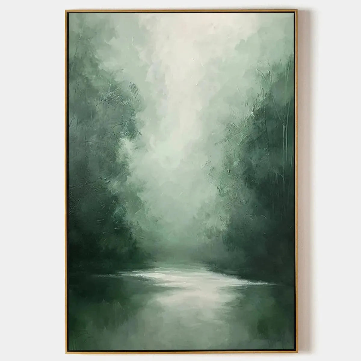 MISTY GREEN FOREST: Atmospheric Forest Landscape Painting, Vertical Wall Art