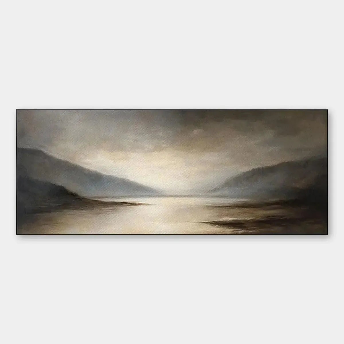 MISTY MORNING SERENITY: Landscape Painting, Panoramic Wall Art, Neutral Decor